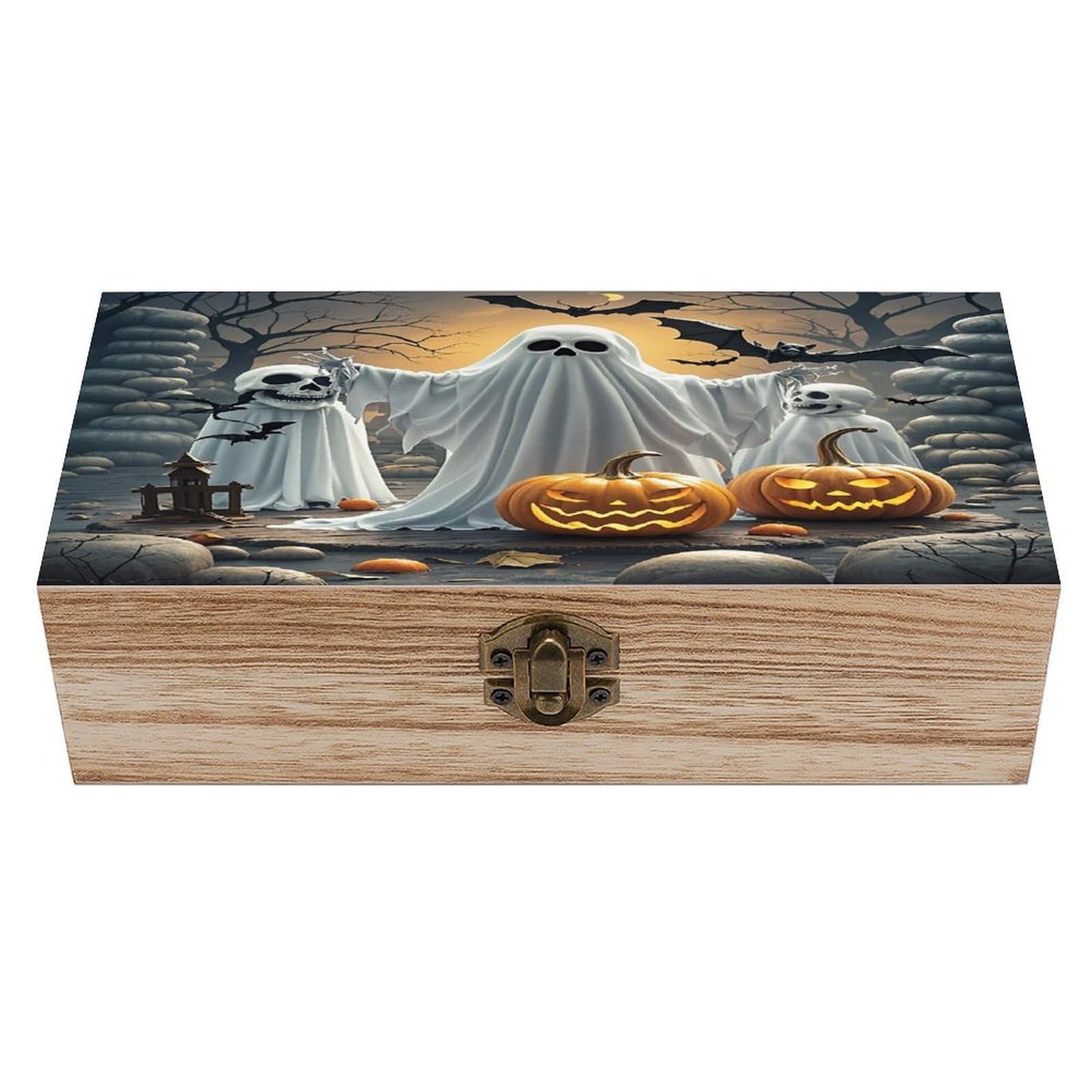 FekiLoot Pumpkin Lantern Ghost Wooden Jewelry Box Personalized Wood Keepsake Box Large Decorative Wooden Storage Boxes with Hinged Lid Rustic Style Wood Jewelry Organizer for Desk Home Office