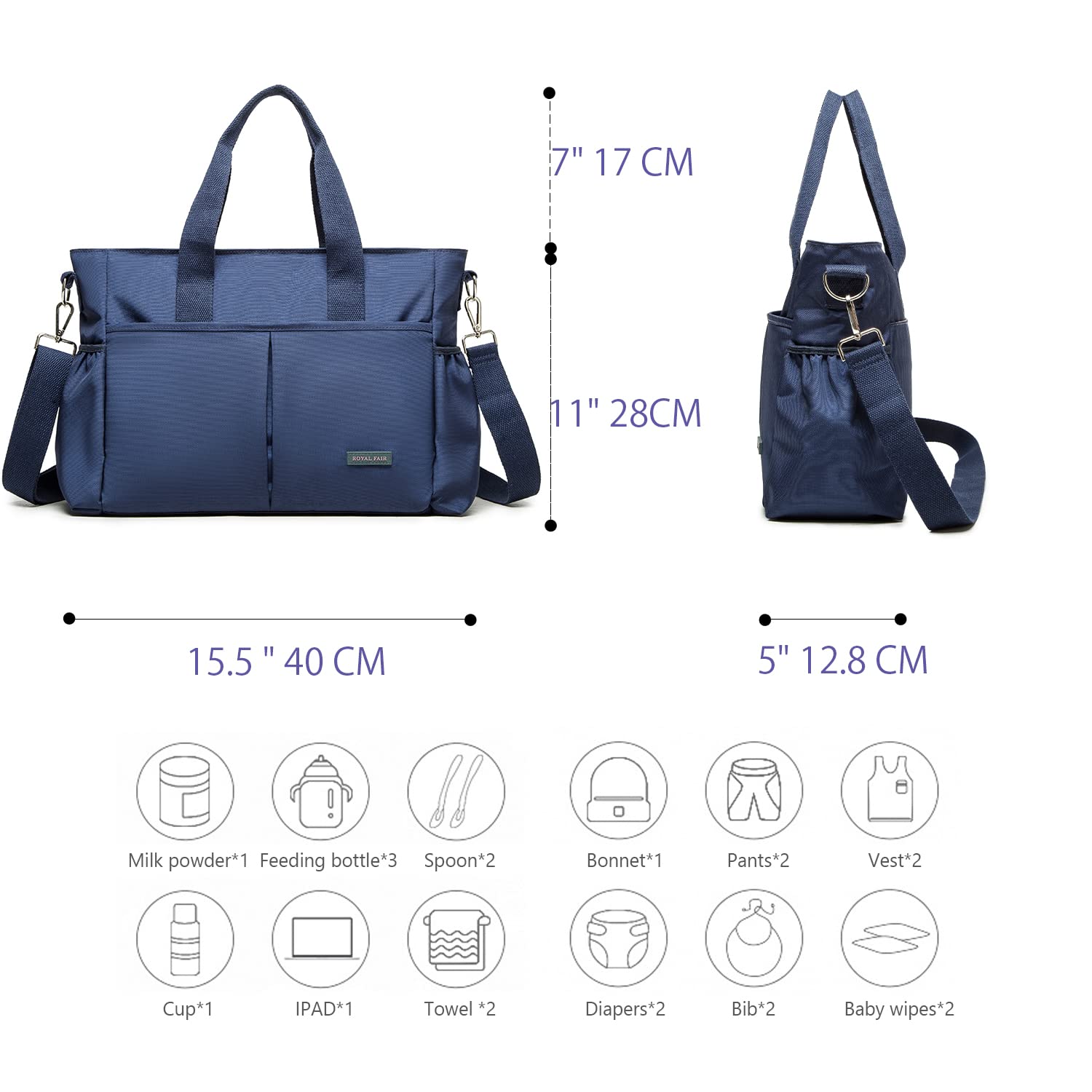 ROYALFAIR Diaper Bag Tote Bag for Toddler Mommy Messenger Tote Diaper Bags Purse with Stroller Hook (Medium,Navy Blue)
