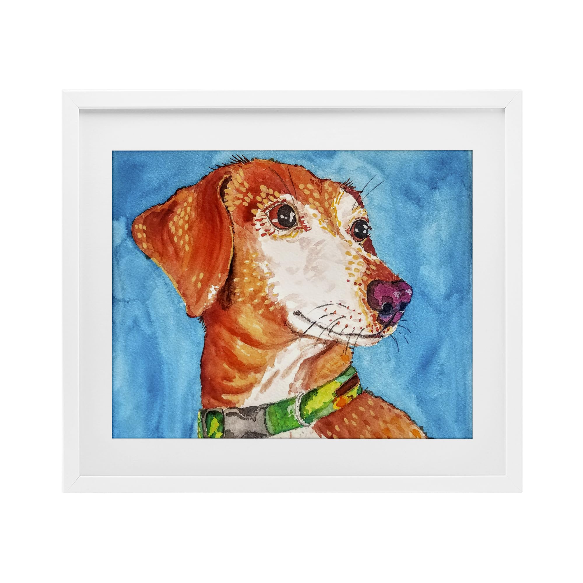 Chien orange sur fond bleu gris sous verre, cadre déco murale salon 33x40