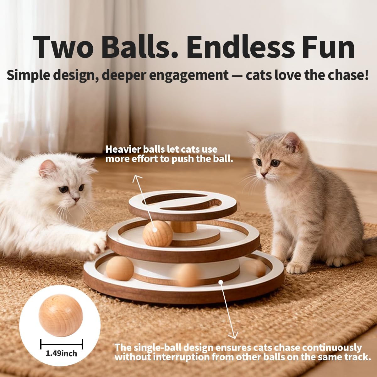 Lulu's world Premium Wooden Cat Ball Track Toy – Modern White & Wood Design – 11-Inch Extra Large Base – Fully Assembled Interactive Puzzle Tower with 2 Balls for Indoor Cats