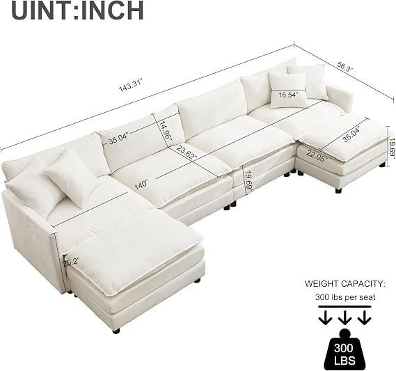 143 U Shaped Couch,Modular Sectional Sofa with Movable Ottoman,Convertible Sofa,4 Seater Modular Sectional Sofa with Pillows for Living Room and Office(Beige, 4 Seater + 2 Ottoman)