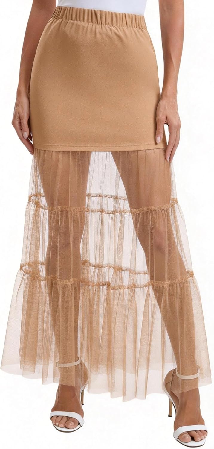 Women's Lace Bodycon Sheer Maxi Skirts 2026 High Waisted A Line Patchwork Mesh Ruffle Hem Flowy Long Skirt