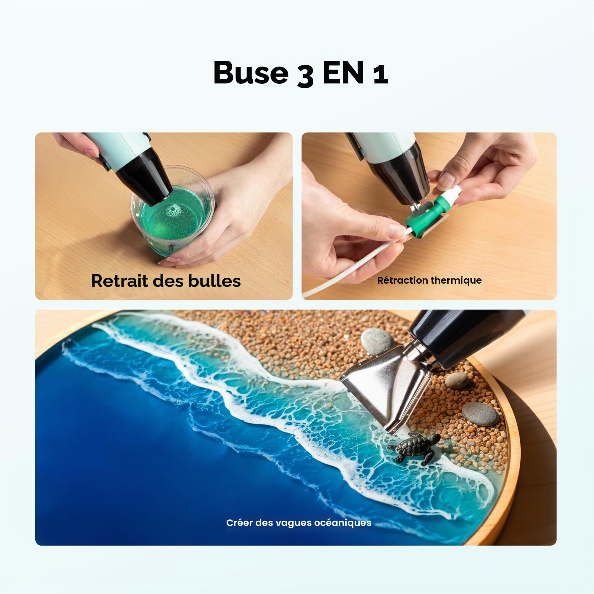 Resiners Mini Décapeur Thermique 2 Réglages Températures 255 ℃/350 ℃, 350W Pistolet à Air Chaud Portatif avec 3 Buses, Support Pliable, pour résine époxy, Emballage Rétractable, Bricolage