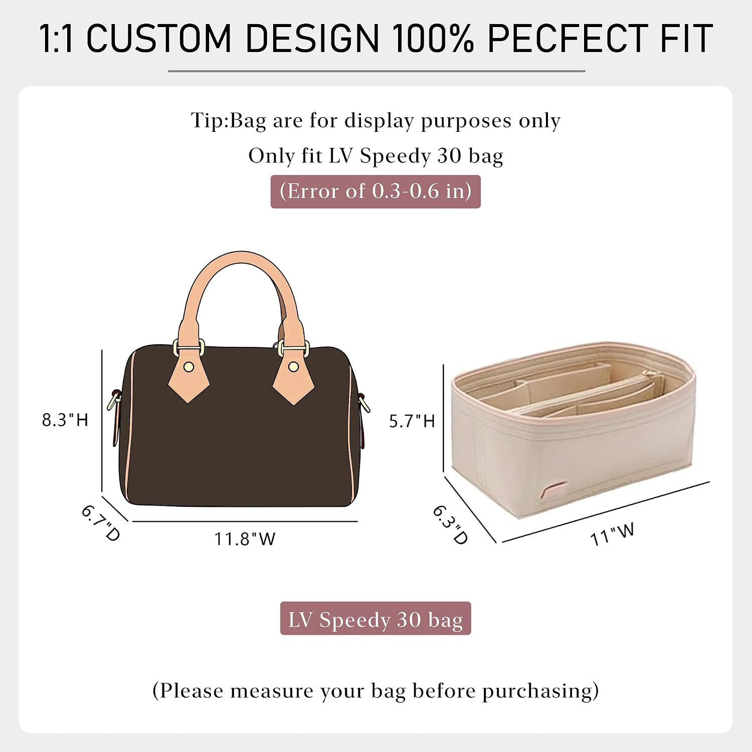 Purse Organizer Insert Compatible with LV Speedy 30 Bag Insert,Premium Felt Lightweight 30 Bag Organizer with Base Shaper, Tote Handbag Inner Divider Purse Accessories with Zipper Pocket,Beige image 2