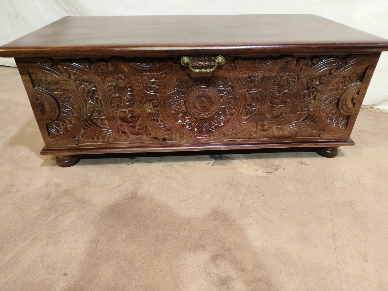 Solid Mango Wooden Hand carved Wooden Trunk | Center Table with storage box | Storage Trunk For Living room, Brown Finish, (106 x 40 x 42 cm)-image-36