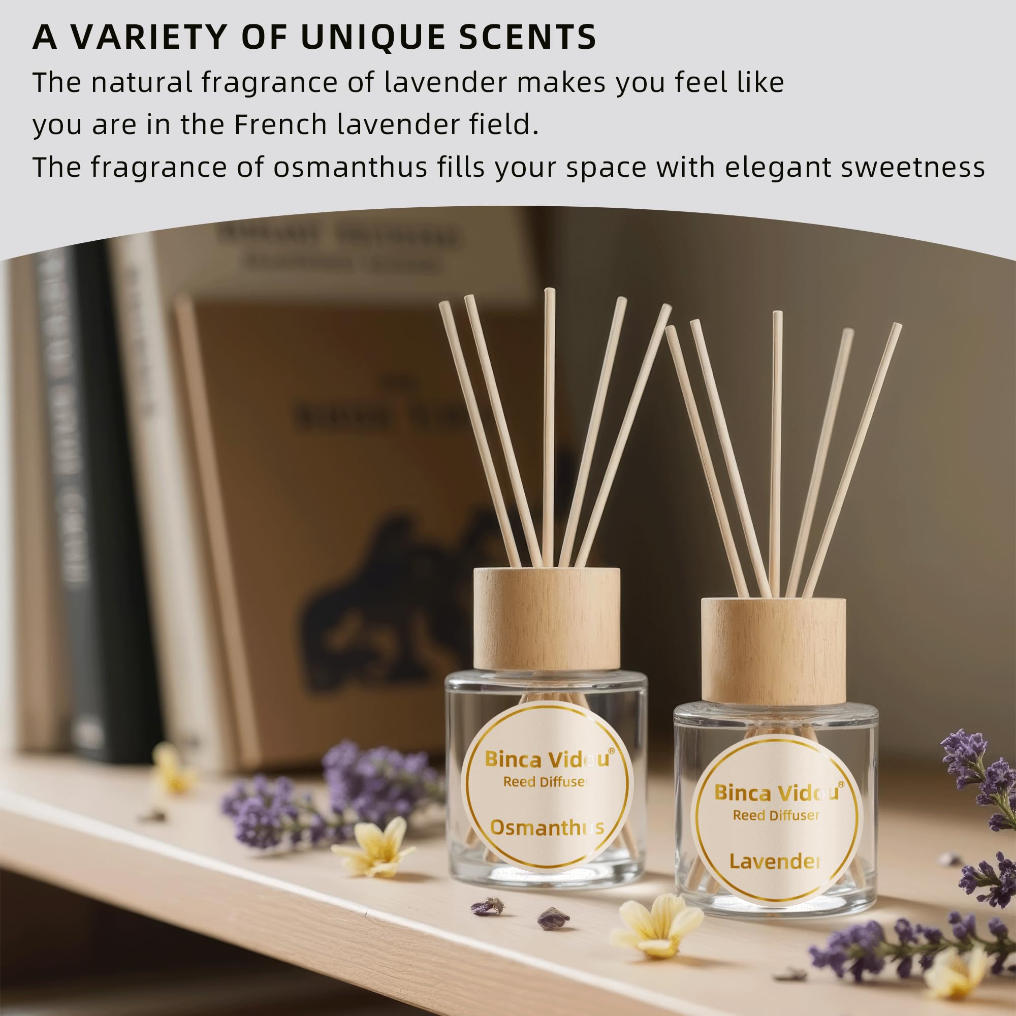 Reed Diffuser Set, Binca Vidou Lavender & Osmanthus Natural Perfume Scent Oil Diffusers with Sticks & Spray Bottle for Home Office Bathroom Aromatherapy Decor 1.69oz x 2