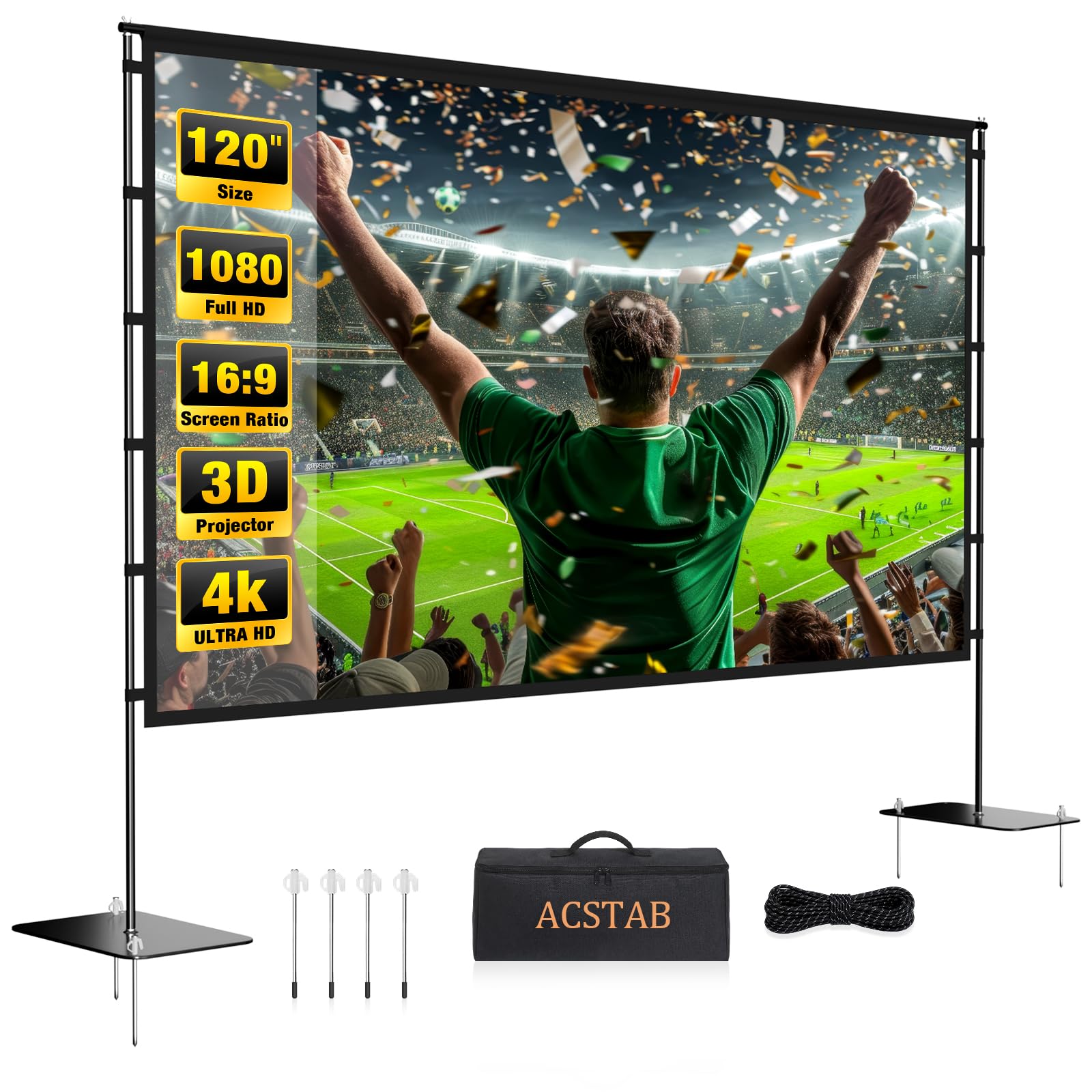 Photo 1 of ACSTAB Outdoor Projector Screen with Stand - 120 Inch Portable Projector Screen Outdoor Indoor Projection Screen 16:9 4K HD Movie Screens with Carry Bag Can Enjoy Home Theater Projection Screens