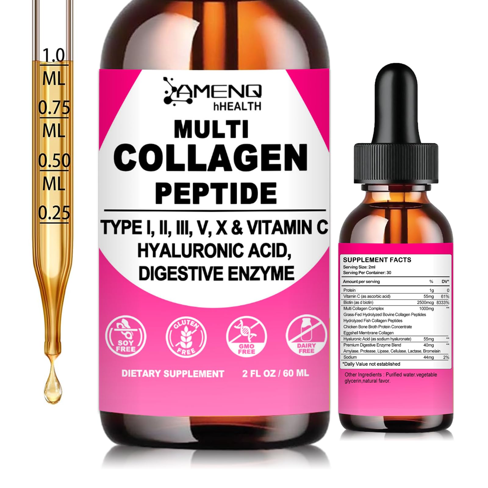 Multi Collagen Peptides Liquid Drops for Women Men Hydrolyzed Collagen Peptides Type I II III V X Proteins