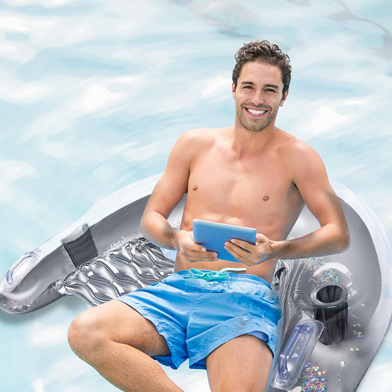 Zcaukya Inflatable Pool Float Chair, Pool Floats Lounge for Adults with Cup Holder and Handle, Big Inflatable Pool Lounge Chair with Glitter