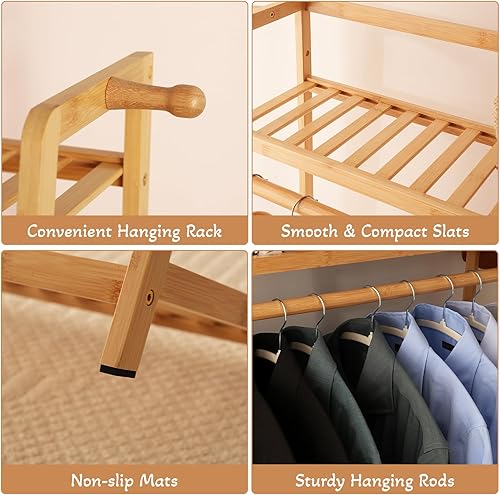 Miniatura 7 de Estante de bambú para ropa de 9 niveles, estante para colgar ropa, organizador de armario portátil con estante superior, estantes de almacenamiento