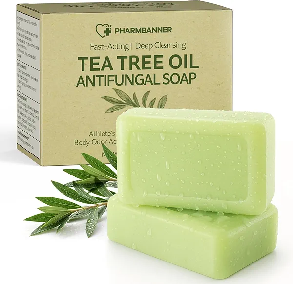 PHARMBANNER Tea Tree Antifungal Soap Bar – Body Wash for Face & Body Acne, Folliculitis, Jock Itch, Ringworm, Athlete’s Foot, Body Odor, Eczema – 2×4.1 oz