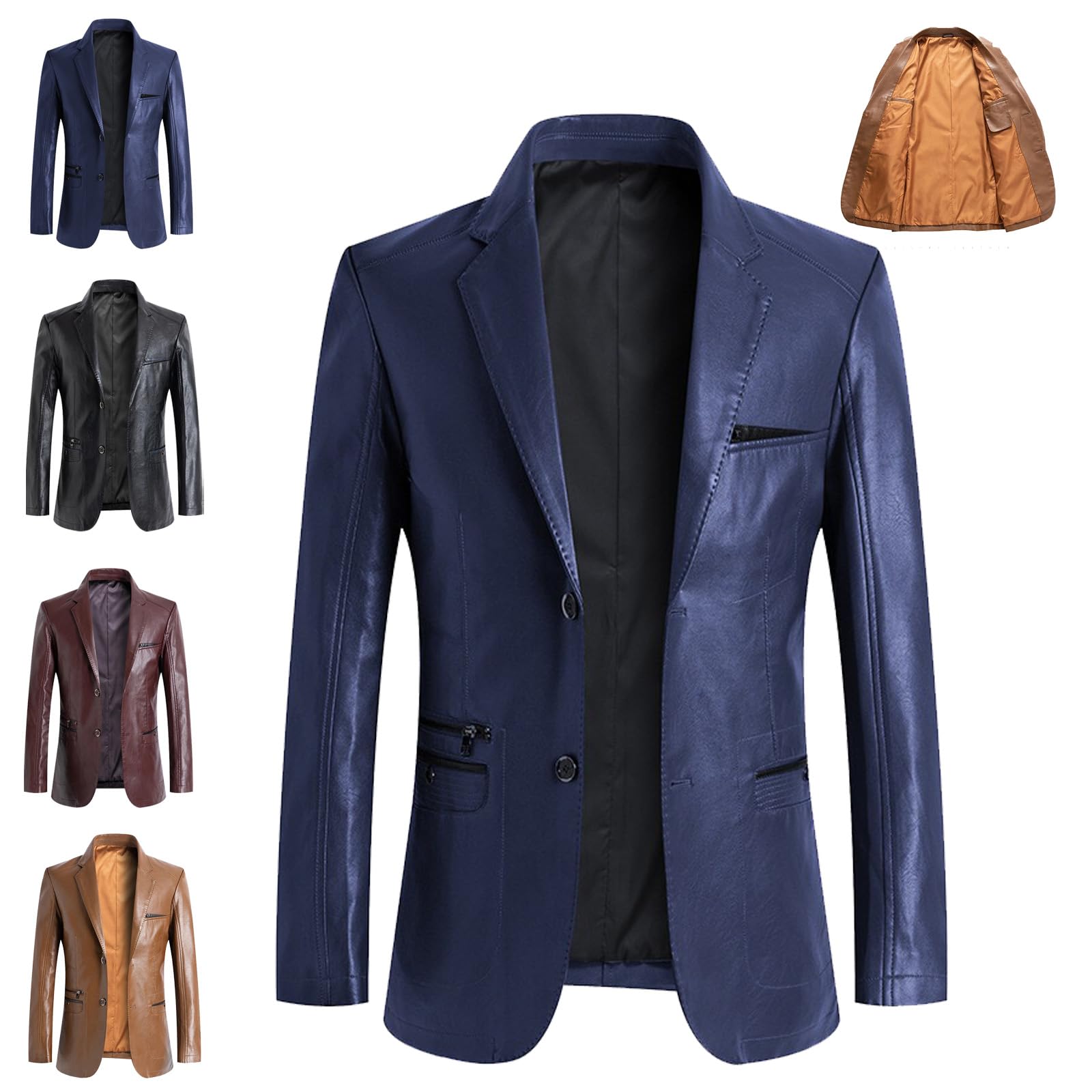 WINDEHAO Men's Leather Blazer Real Lambskin Casual Lapel Fit 2 Button Jacket, Slim Business Suit Blazers Smart Motorcycle Biker Jacket (navy blue,XXL)