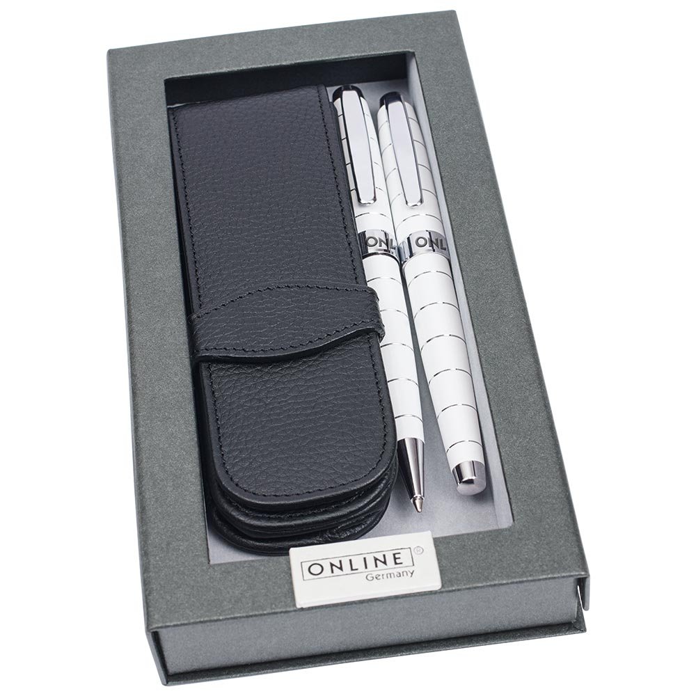 ONLINE Geschenkset mit Metall-Füllhalter und Drehkugelschreiber Lined White, inkl. Echtleder-Etui,in zeitlosem Design