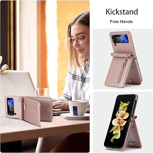 Miniatura 5 de Funda para Samsung Galaxy Z Flip 4, monederos para teléfono con bandolera y correa de pulsera, funda de piel sintética con bloqueo RFID (oro rosa)