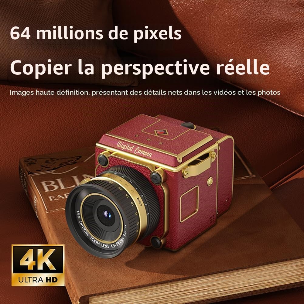 Appareil photo numérique vintage rétro 64 MP 4K FHD Mini appareil photo pour tous les âges, boîtier en ABS, compatible avec carte SD, pour vlogging et photographie quotidienne, compact et léger (noir)