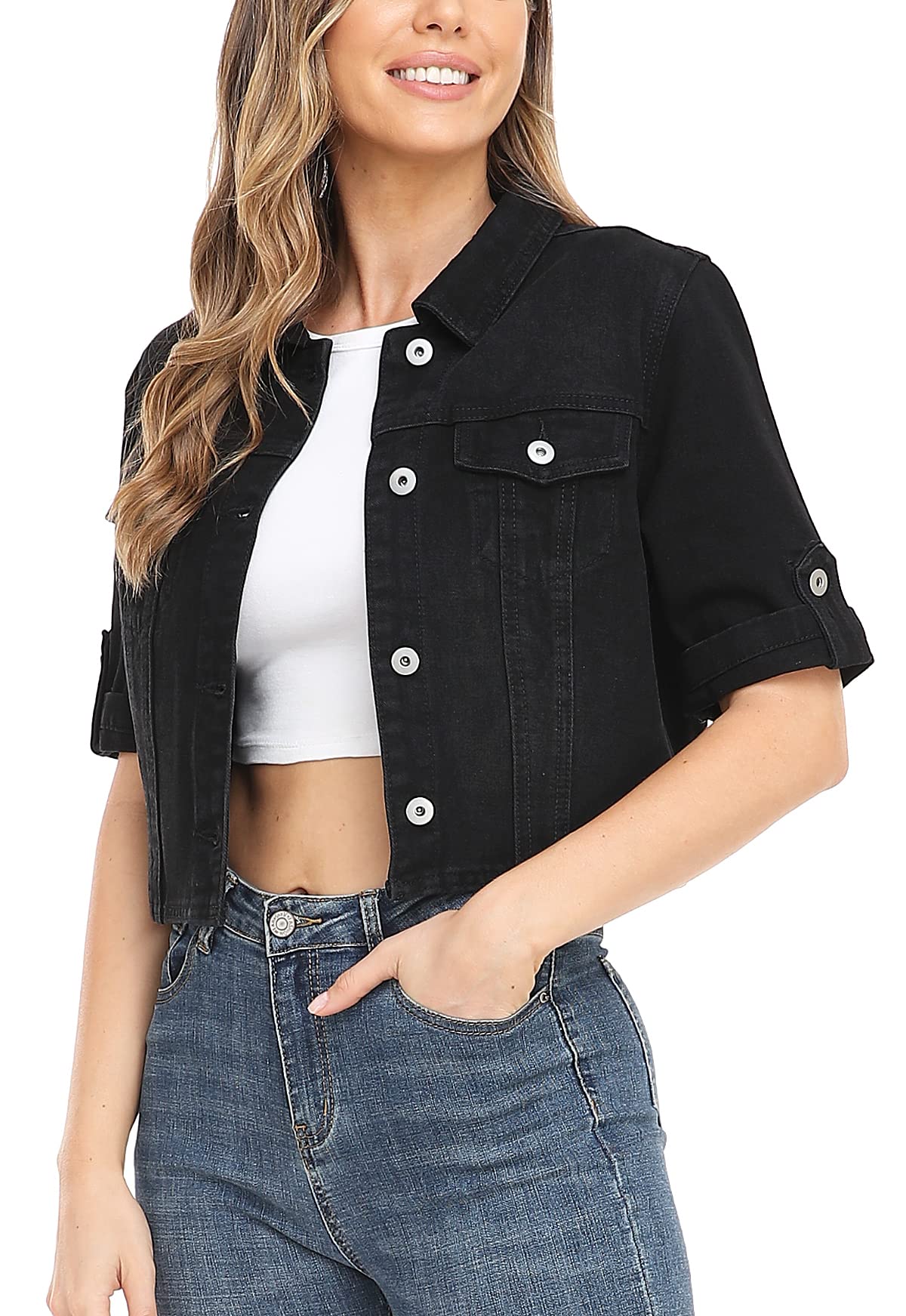 MISS MOLY Women's Cropped Denim Jackets Summer Short Sleeve Classic Casual Jean Jackets