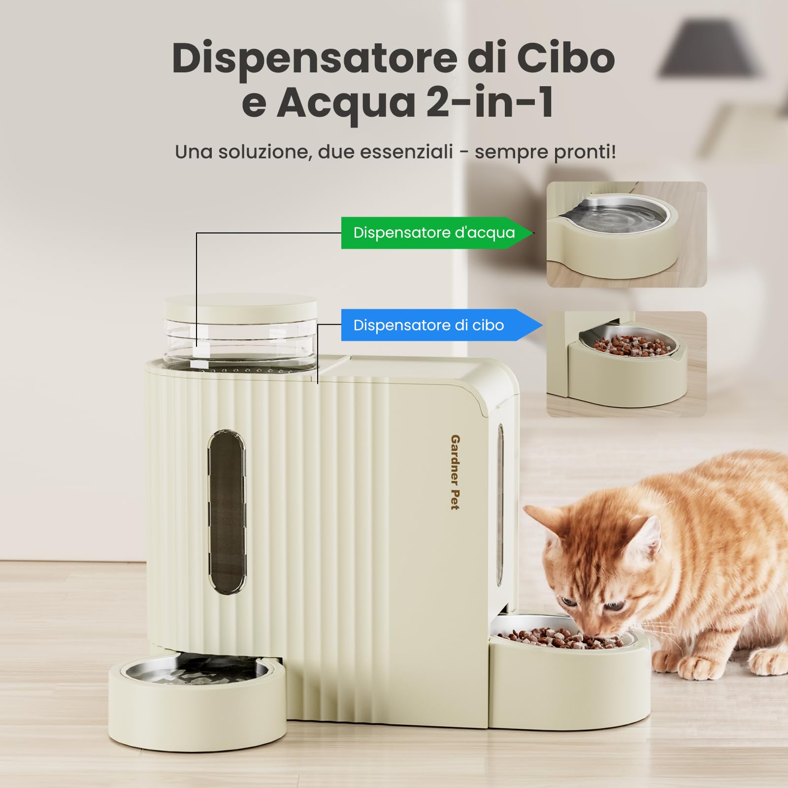 Gardner Pet 2 in 1 Distributore Automatico Cibo e Acqua Gatti (3L*2), Distributore Automatico Cibo Gatti con Ciotola in Acciaio Inox, GravitÀ Dispenser Crocchette Gatto, Senza BPA, Beige