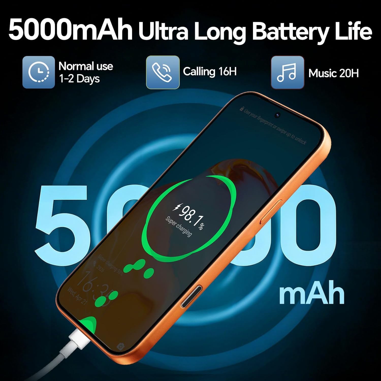 Unlocked Phones WK17, Android 15 Cell Phones, 5000mAh Battery, 16GB+512GB Smartphone 6.9" HD Screen/104MP+32MP Camera/Snapdragon 888 Processor, 5G Network, Face ID/WiFi/Bluetooth/GPS (Orange)