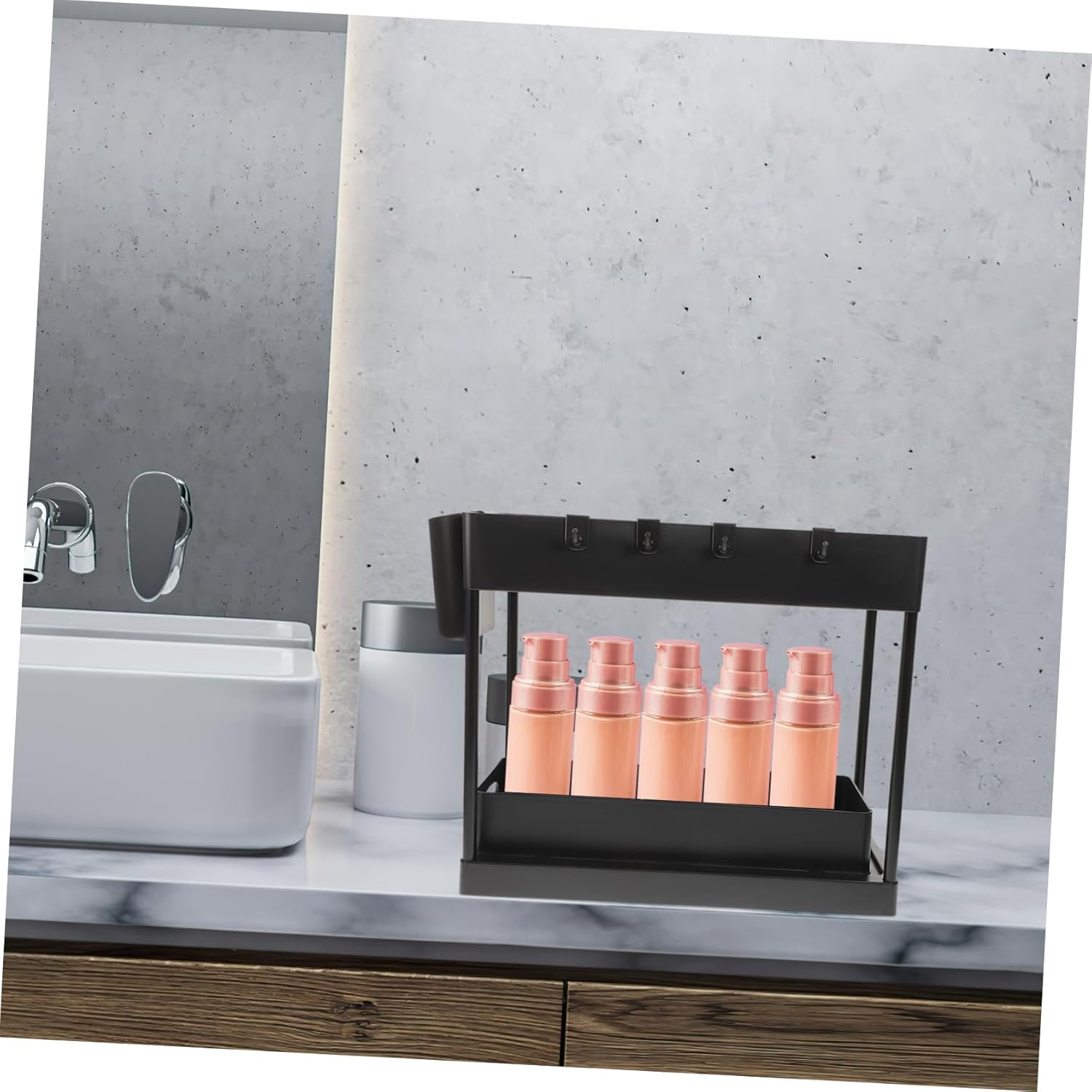 VOSAREA 2 Layer Under Sink Organizer Sliding Drawer Kitchen Storage Rack Multi-Function Cabinet Organizer Hooks for Bathroom and Kitchen Supplies