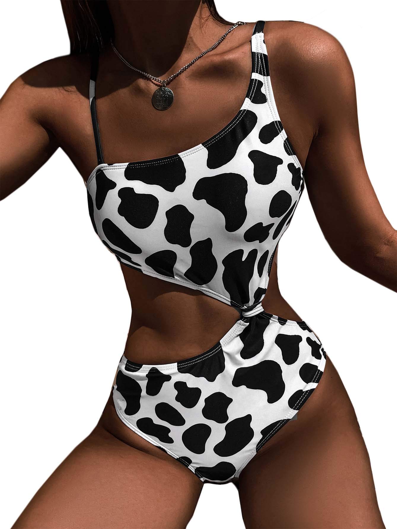 Womens One Piece Cow Print Pattern Cut Out Bodysuit Swimsuit Bikini Swimwear Rave Festival