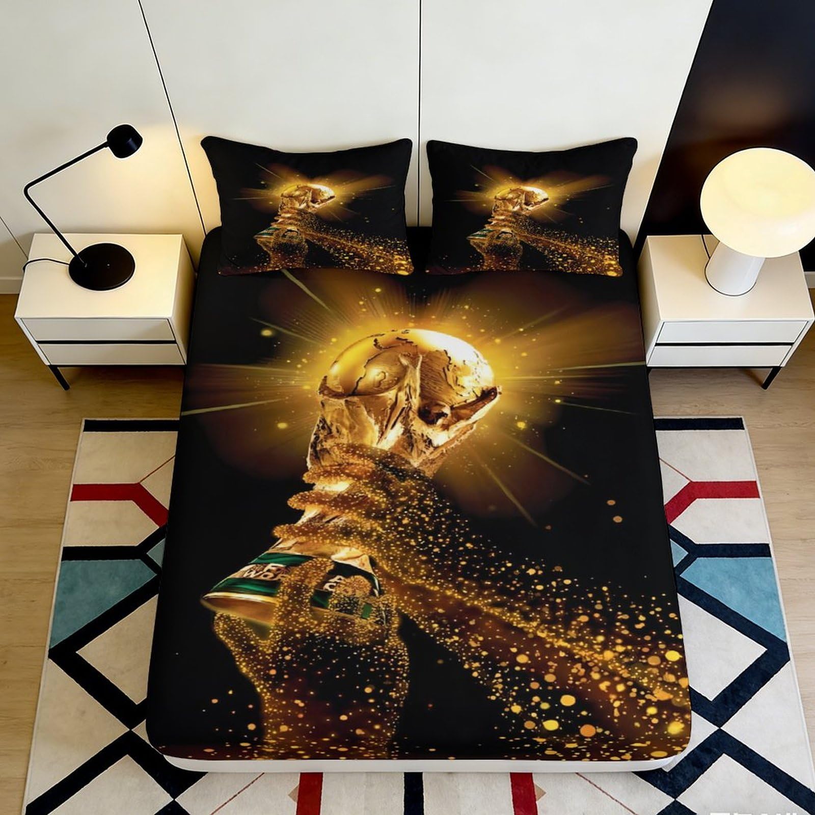 3D Printed Golden Trophy Fitted Sheet Microfiber Soft Breathable Sparkling Hand Bed Cover for Bedroom Dormitory Guest Room Mattress Protection Decor 200x200x25cm