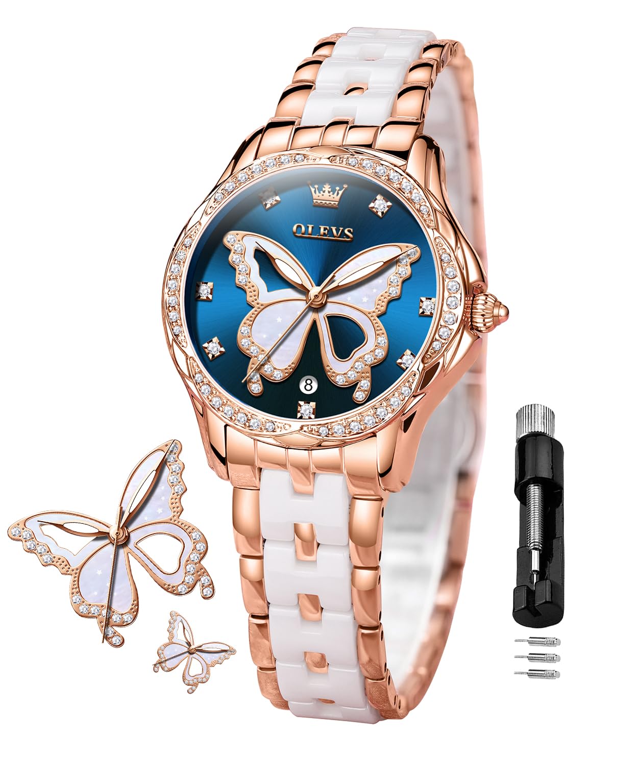 OLEVS Damen-Diamantuhr Elegante Luxus-Armbanduhr Damenuhr aus Roségold mit Keramikglas