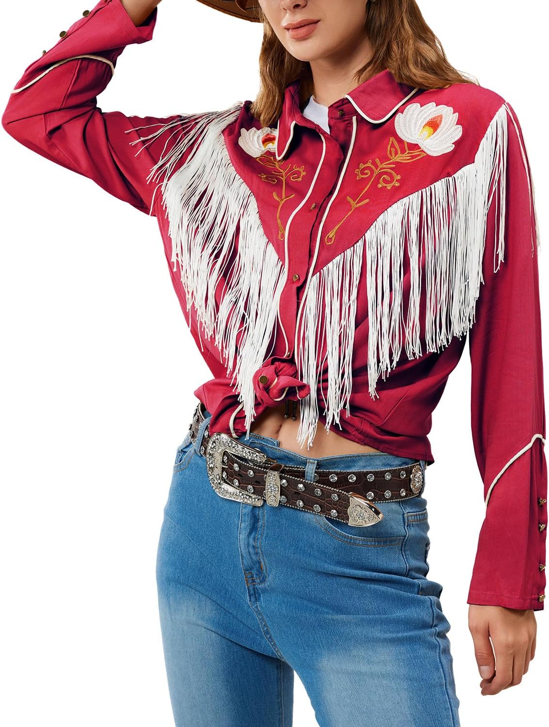 JOHN MOON Women's Floral Embroidered Fringe Western Shirts Rodeo Cowgirl Button Down Blouse Tops Country Style Outfits - Image 3