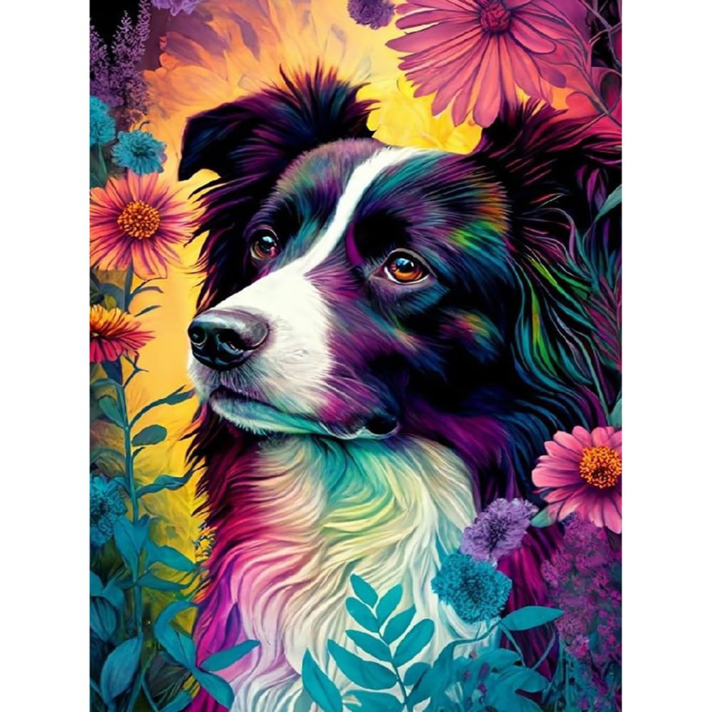 Stalente Diamond Painting Kits for Adults, Dog Round Full Drill Diamond Art Kits, 5D DIY Paint with Diamonds Crafts for Home Wall Decoration Gifts 30x40cm/12x16in, Flower