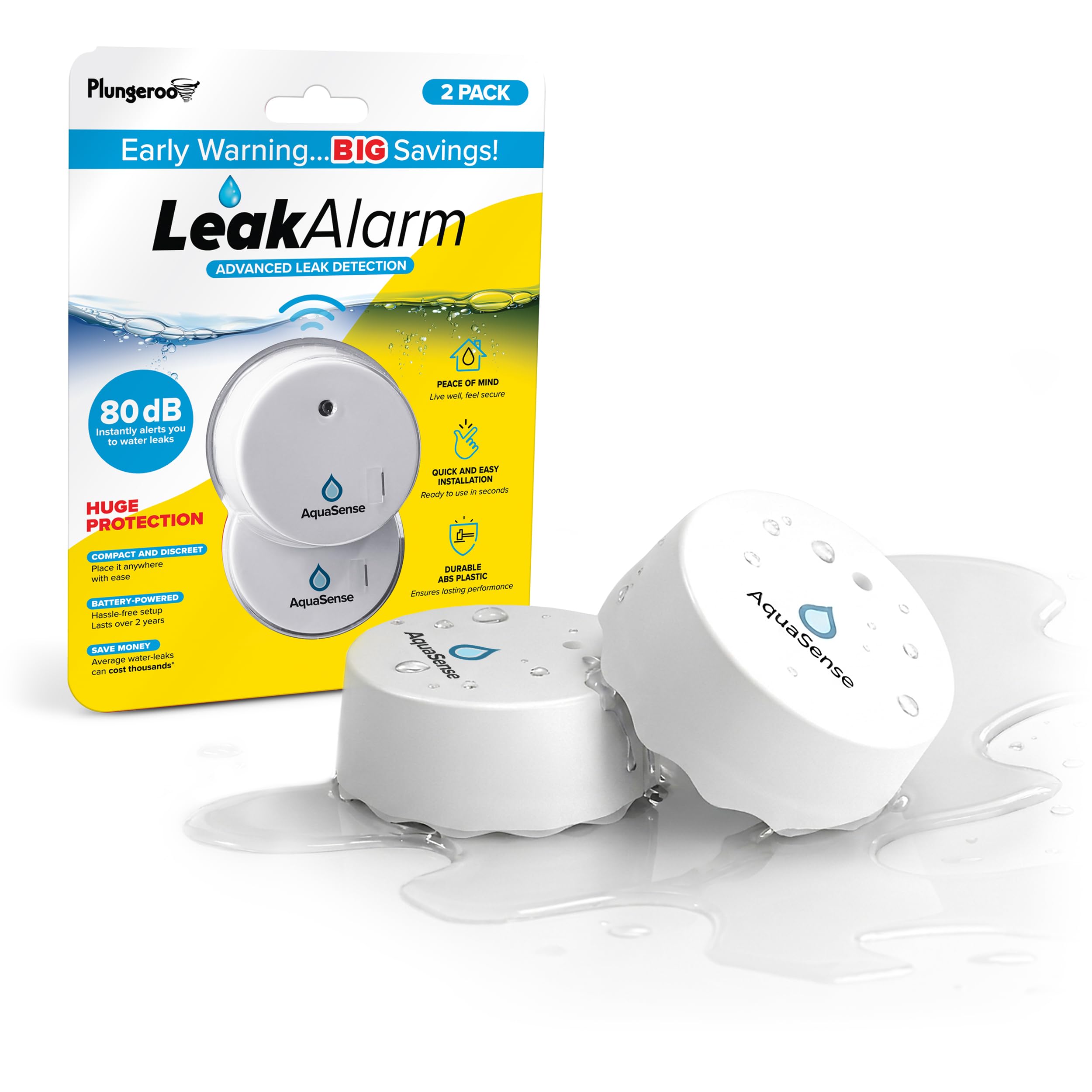 Leak Alarm Advanced Leak Detection | Wireless Real-Time Water Leak Sensor with Instant Alerts | Battery Powered | Compact Protection Against Water Damage for Home & Basement | White
