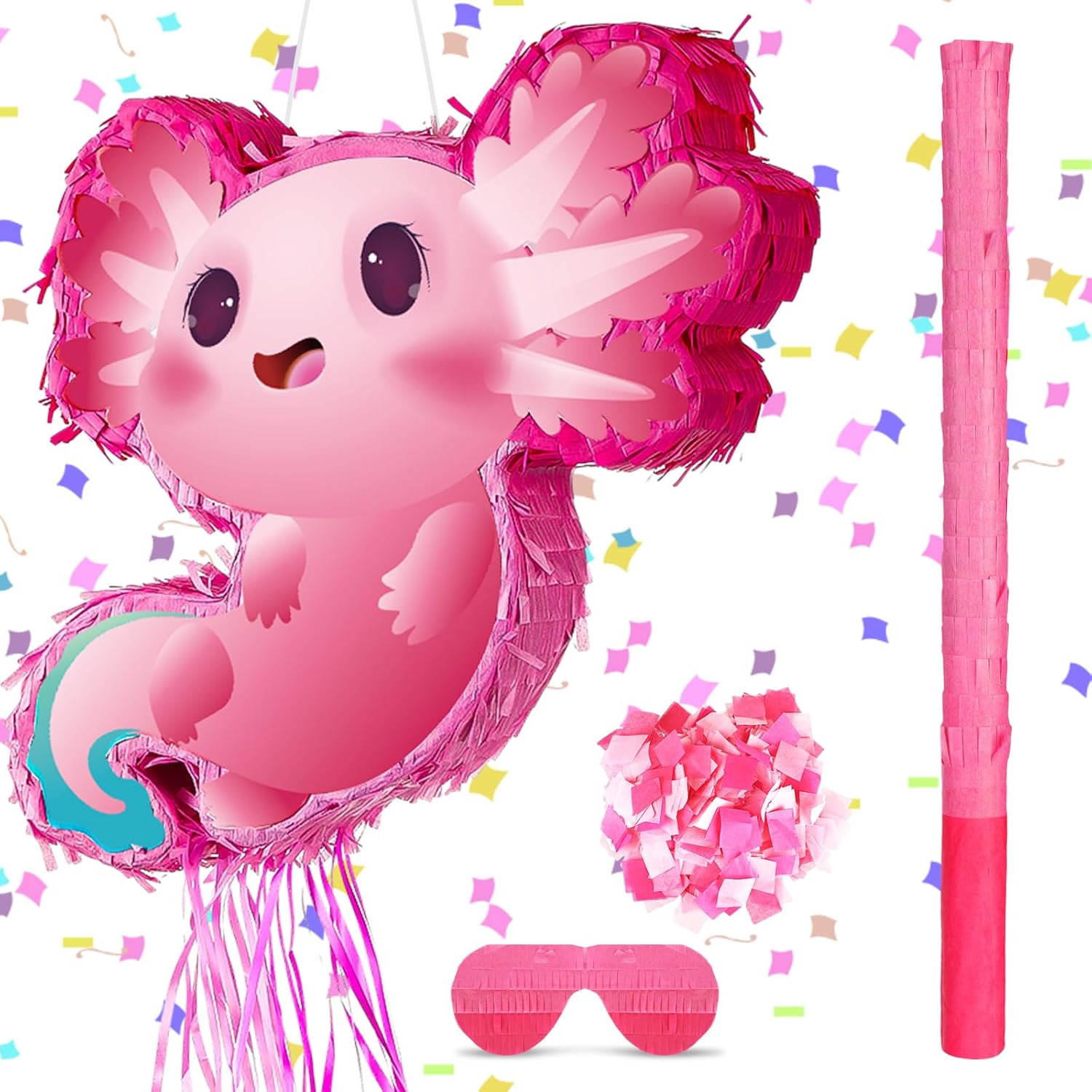 Seematn Axolotl Piñata Birthday Party Supplies Animals Piñata with a Blindfold, Bat and Confetti for Axolotl Party Favor Kid Girl Birthday Baby Shower Supplies, 15. 75 x 12. 2 x 2. 95 Inch