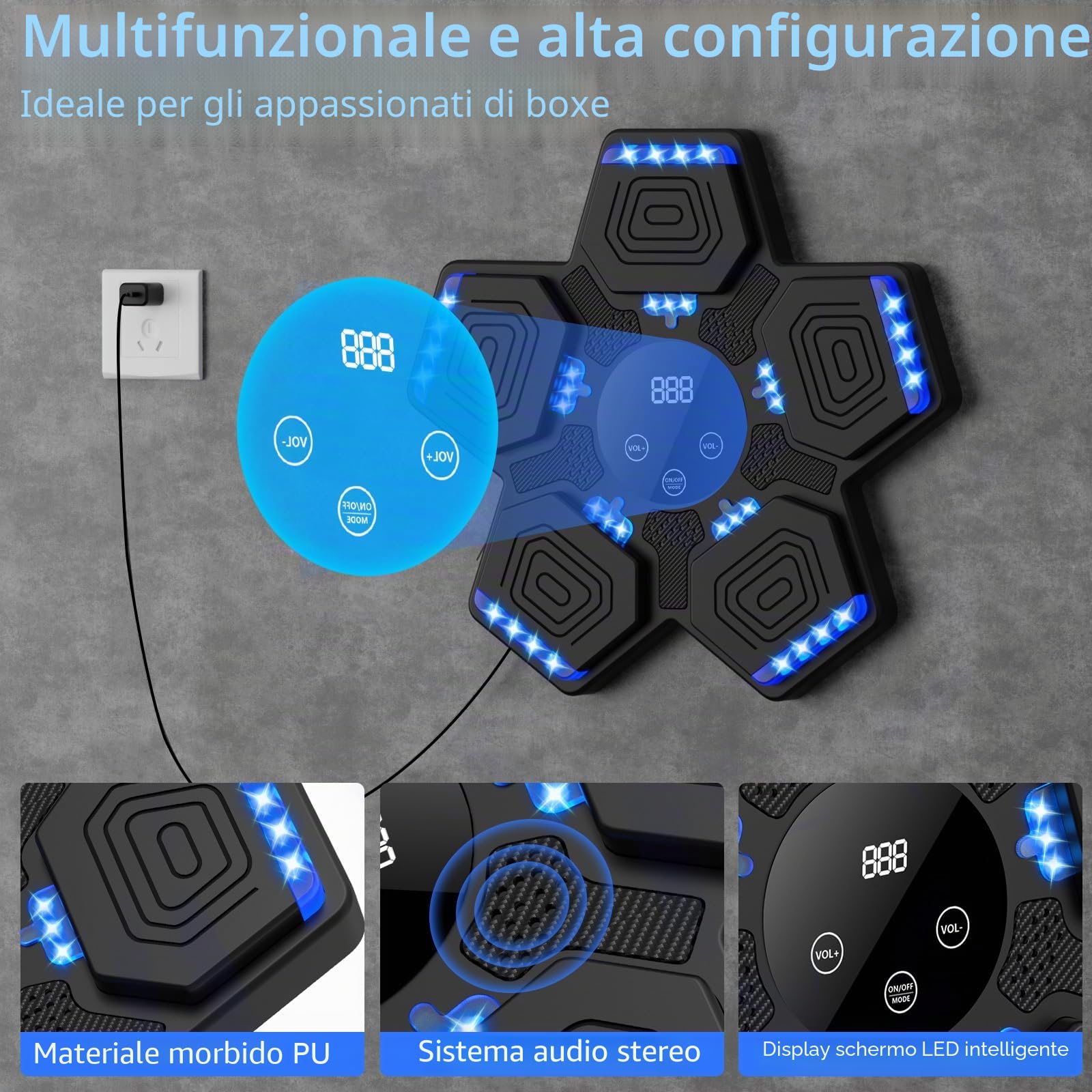 Music Boxing Machine, Intelligente Boxe Musicale da Parete con Guanti da Boxe, Macchina da Boxe Musicale, LED Box Musicale Pugile con Bluetooth, per Interno, Bambini/Adulti