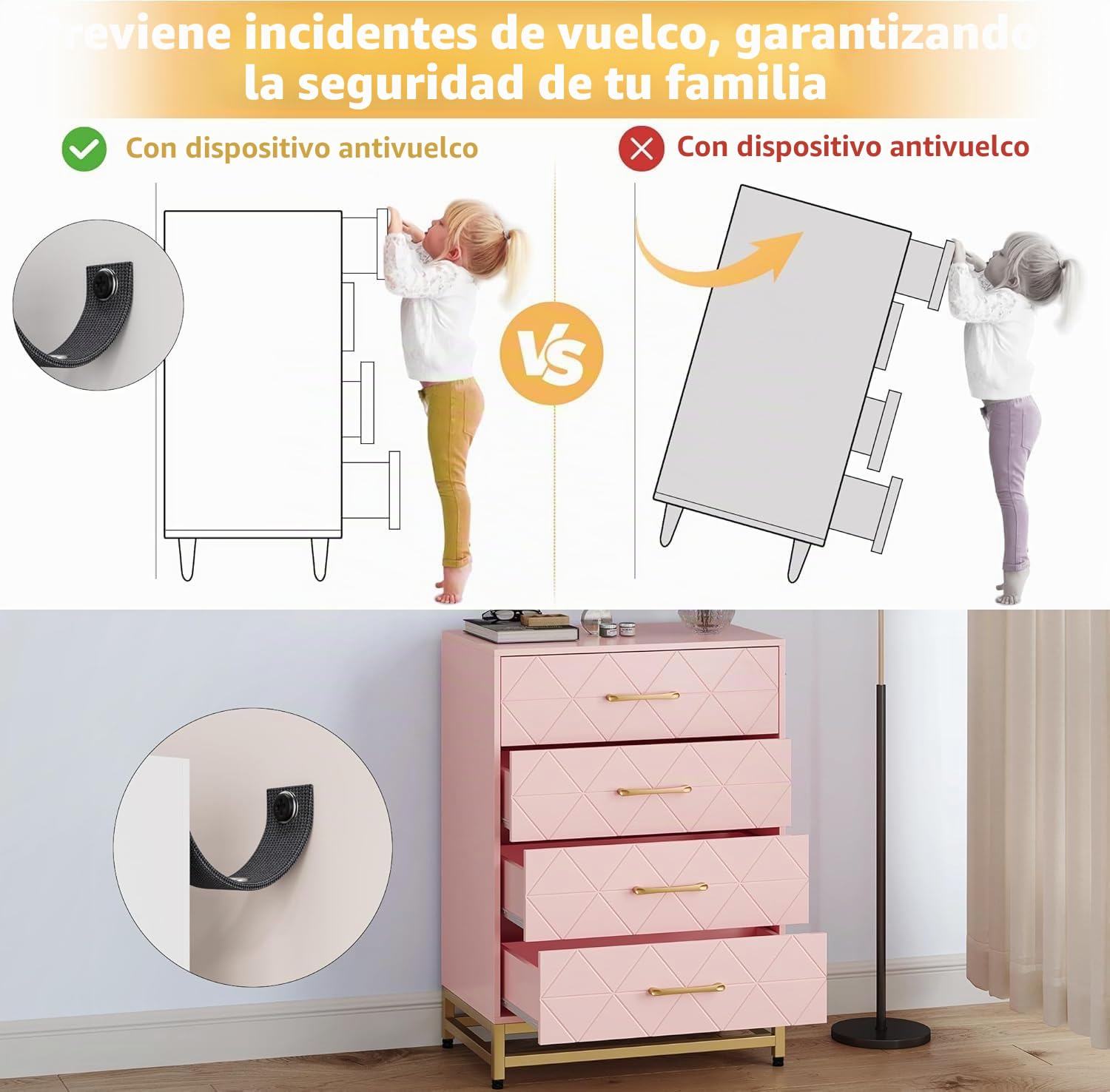 Garvee - Cómoda con 4 cajones para Dormitorio, cajoneras Modernas con cajones Anchos y Asas metálicas, cajoneras de Madera, 61 x 40 x 93 cm (Rosa)