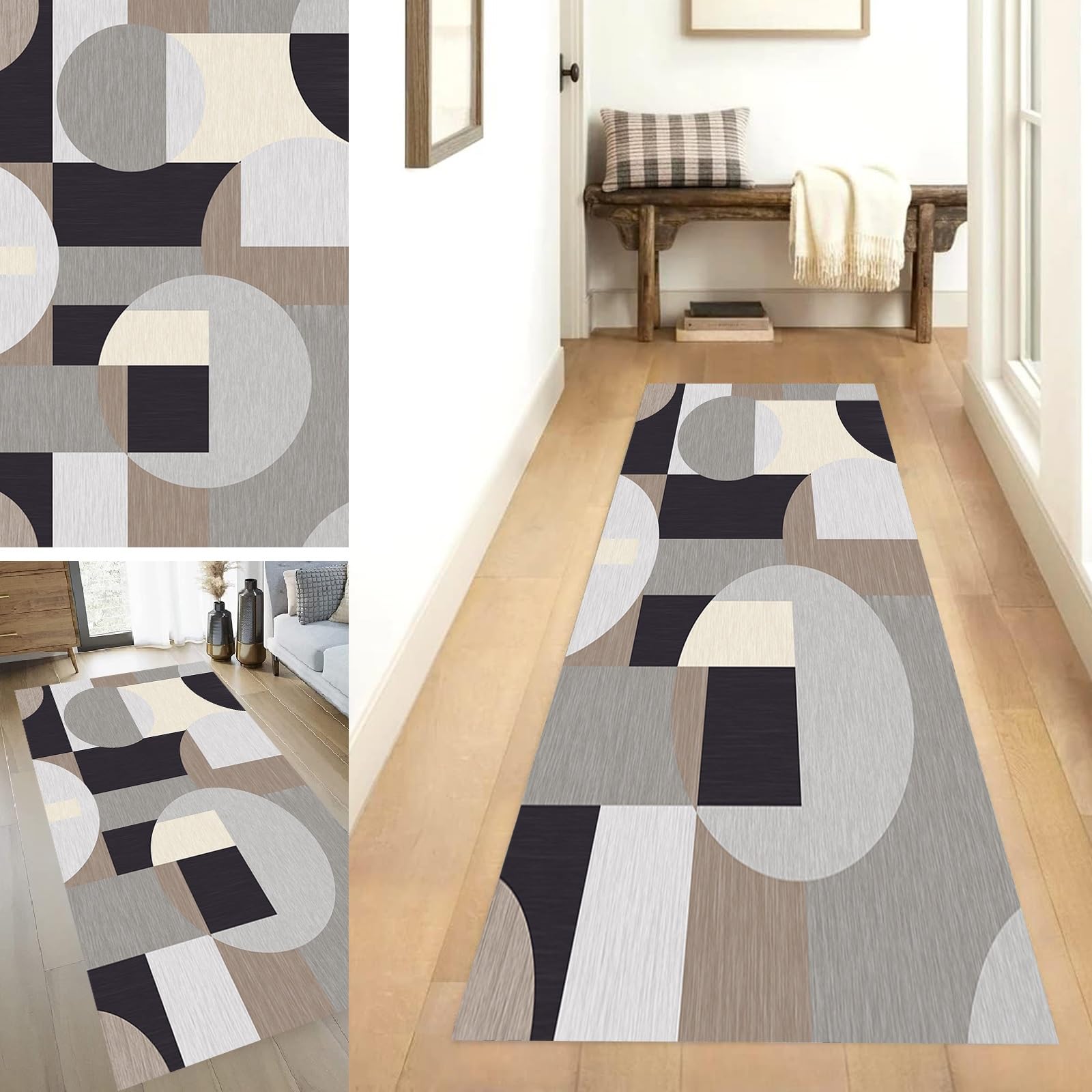 Alfombra de pasillo 70 x 260 cm geométrica y moderna con base antideslizante lavable