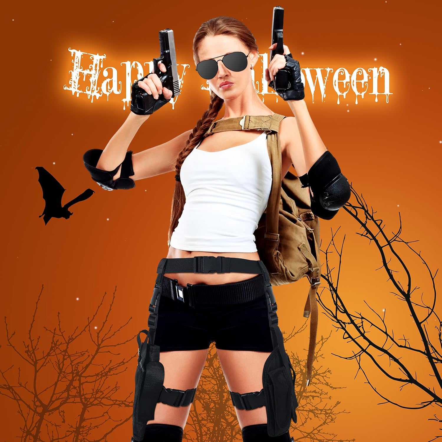Mepase 3 Pcs Halloween Thigh Holsters Costume for Women Cosplay Adjustable Drop Leg Thigh Pistol Gun Holster with Magazine Pouches Half Finger Punk Pu Leather Fingerless Gloves