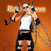 Vista 5 de Mepase 3 piezas de disfraz de Halloween para mujer, cosplay, pierna caída, ajustable, pistola, pistola, con bolsas para revistas, medio dedo, punk