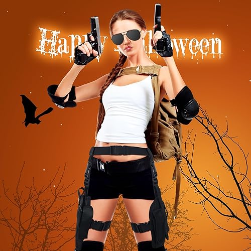 Miniatura 5 de 3 piezas de disfraz de Halloween para mujer, cosplay, pierna caída, ajustable, pistola, pistola, con bolsas para revistas, medio dedo, punk, guantes