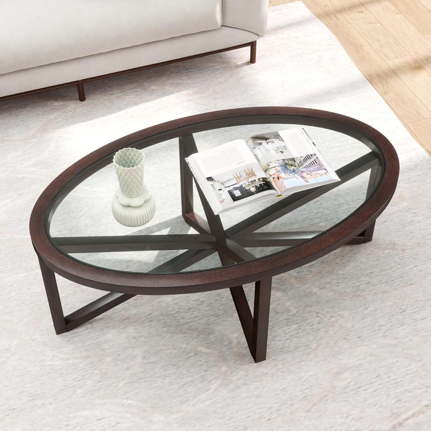 Holaki 46" Round Glass Coffee Table,Black Circle Coffee