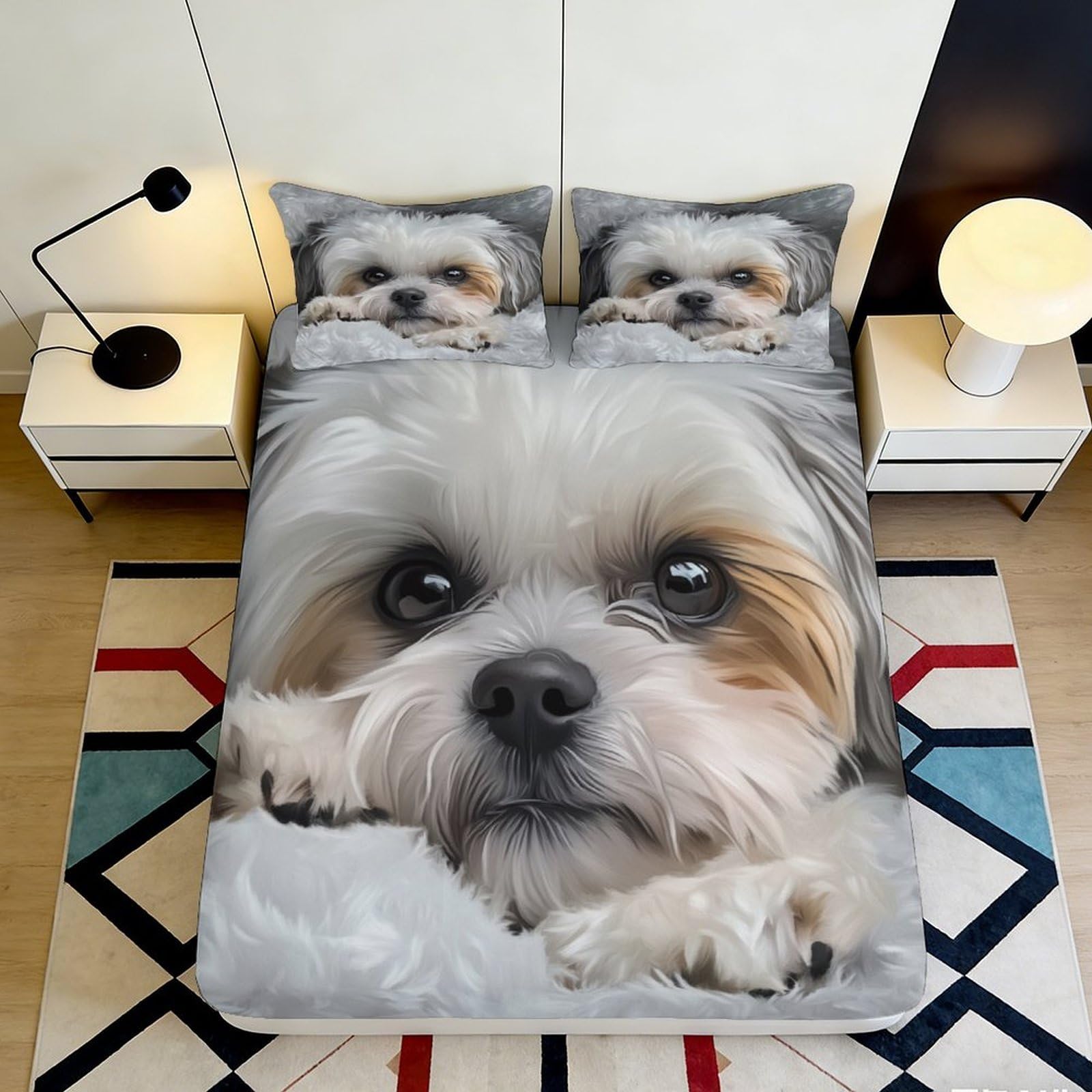 3D Printed Cute Dog Fitted Sheet Microfiber Soft Breathable Puppy Face Mattress Cover for Bedroom Guestroom Dorm Decor 90x200x25cm