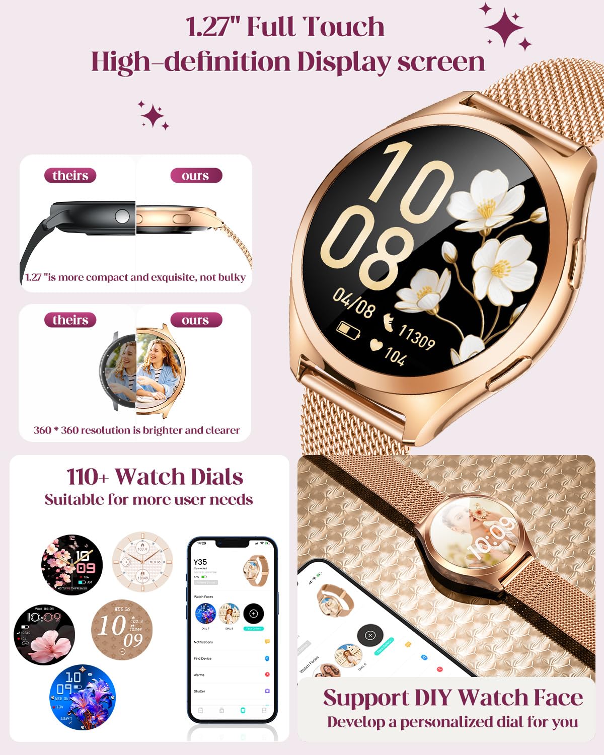 Smartwatch Reloj Inteligente Mujer con llamada: 1.27"Pantalla Táctil Smart Watch Bluetooth con Frecuencia Cardíaca SpO2 Sangre Presión Arterial Sueño 100+ Deportivos IP68 Impermeable para iOS Android
