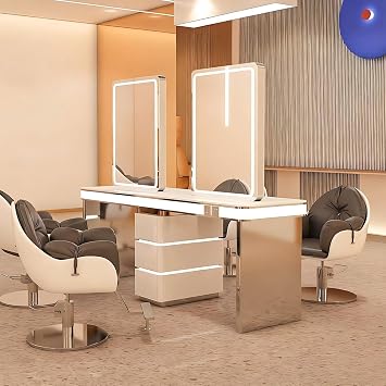 Luxury Salon Station for Hair Stylist Double-Sided 4 PersonAll - Around LED DesignHD Mirror, Barber Station with Drawers, White