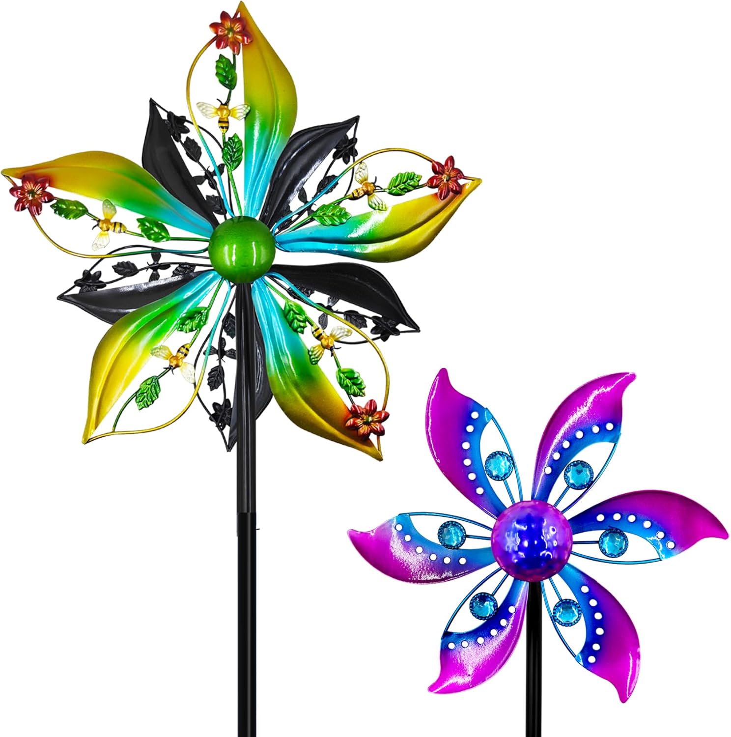 Wind Spinners Outdoor Metal, 13" Double-Sided + 10.63" Purple Pinwheels for Yard and Garden Decor, Kinetic Wind Sculpture Spinner Yard Art