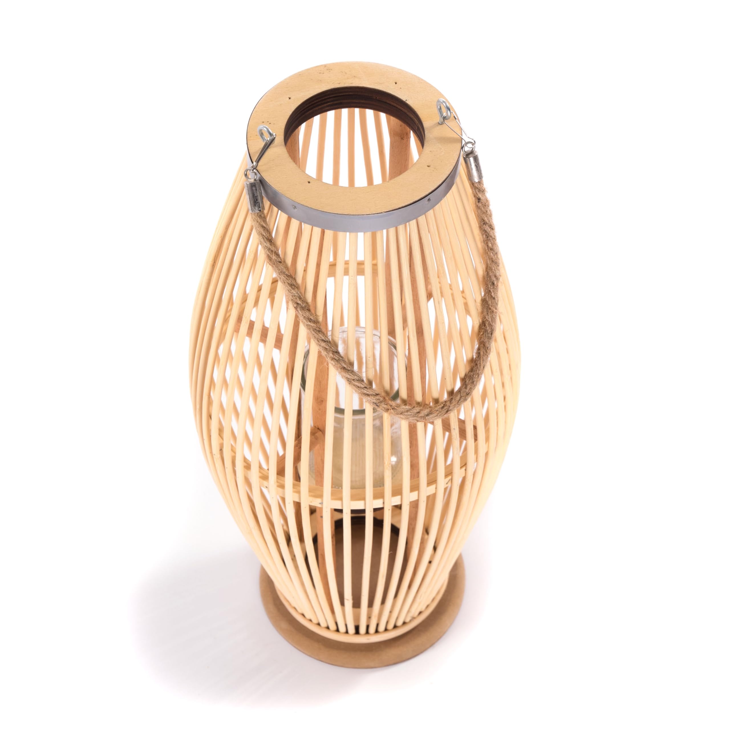 Zya - Lanterna in bambù con manico e inserto in vetro, portacandele in legno, portacandela antivento, lanterna decorativa per balcone o appartamento coperto, dimensioni: 70 cm