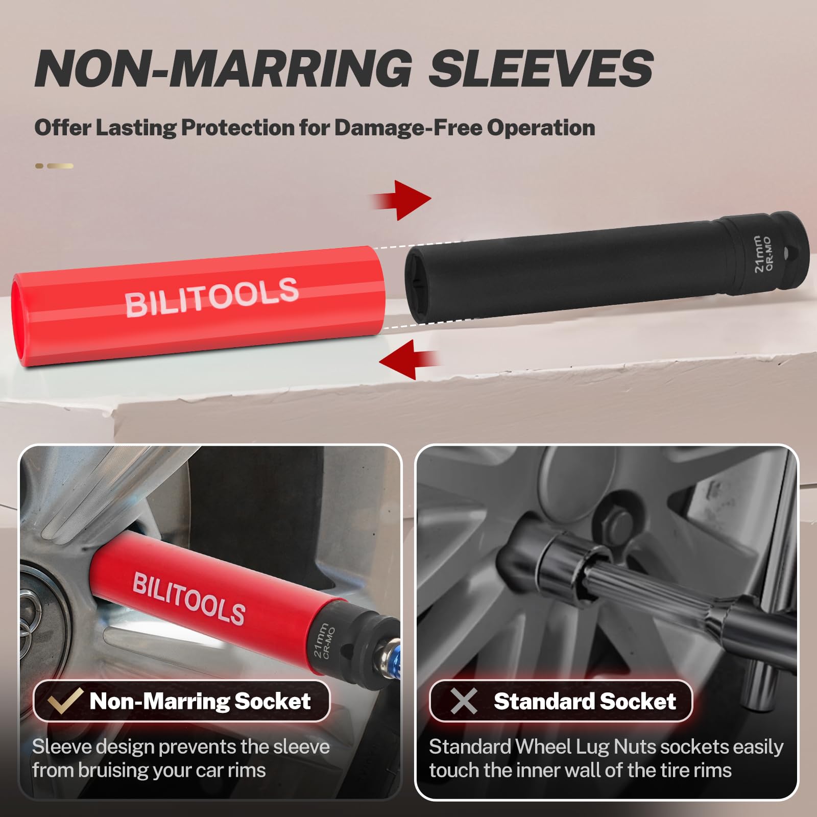 BILITOOLS Set di chiavi a bussola da 1/2", 17, 19, 21 mm, extra lunghe, 15,2 cm, non si rovinano