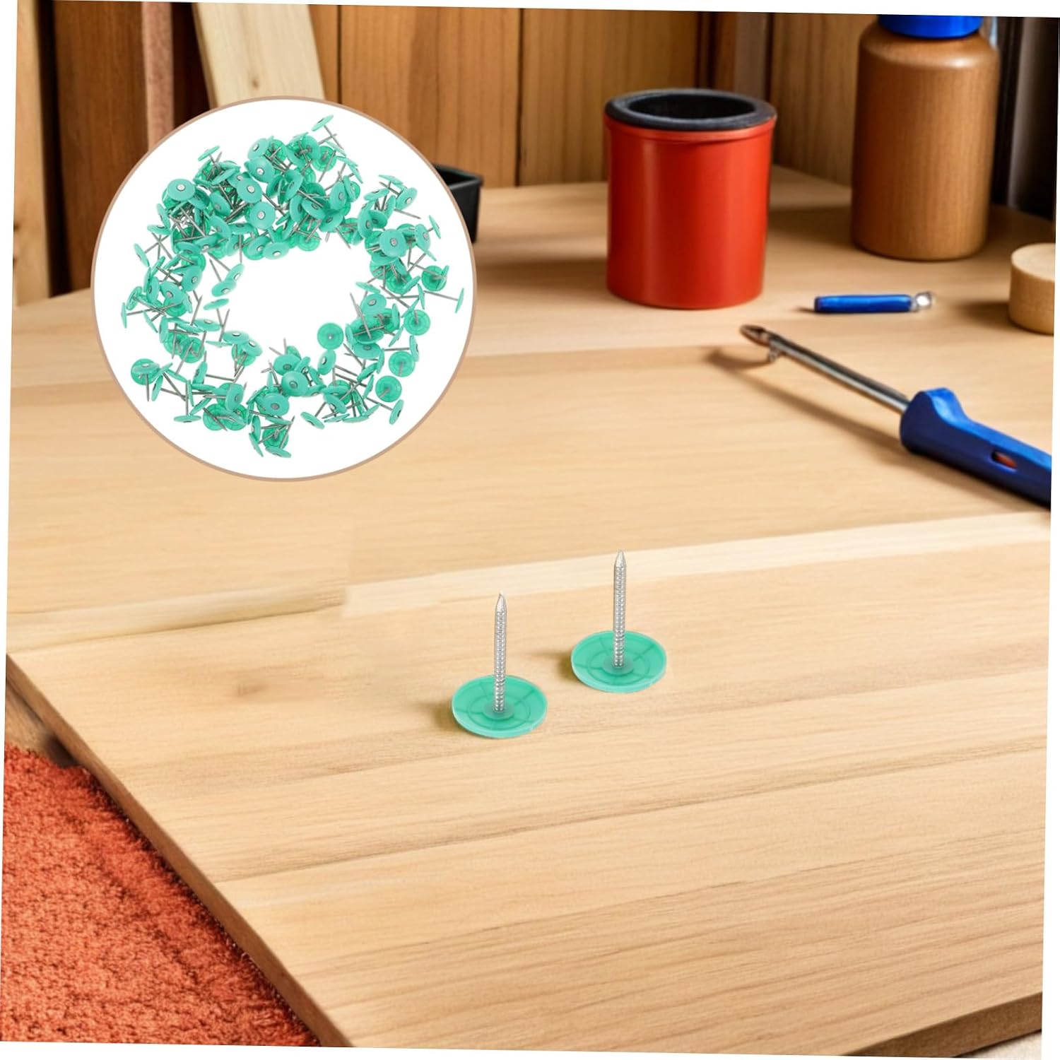 200pcs Green round Plastic Cap Insulation Nails 1.5 Inch with Plastic Washers for Roof Fastener Applications, Waterproof Design and Secure Locking for Felt Roof Layers and Foam