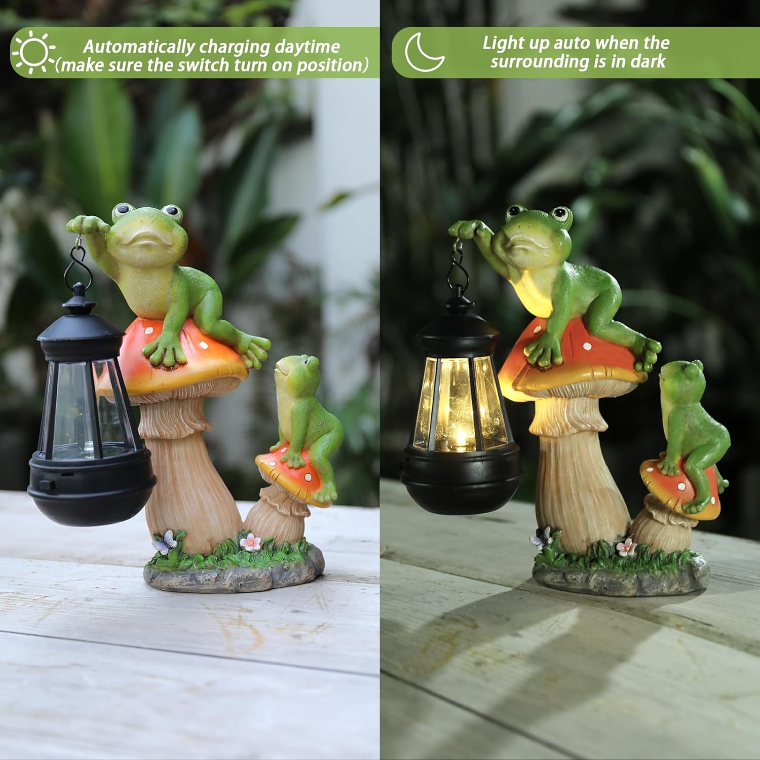 Garden Frogs Statue, Large Funny Frogs Figurine Climbing on Mushroom and Holding a Solar LED Lantern Resin Ornament for Patio Yard Lawn Porch Outdoor Decor, Women/Gardening Decoration Gifts