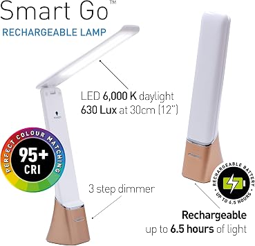 Daylight Company Smart Go Portable Lamp, Ideal for Reading, Light Therapy, Everyday Tasks, Crafts, Desk Work, DIY, Led, Chargeable lamp, 95+ CRI, 1 Count (Pack of 1), White