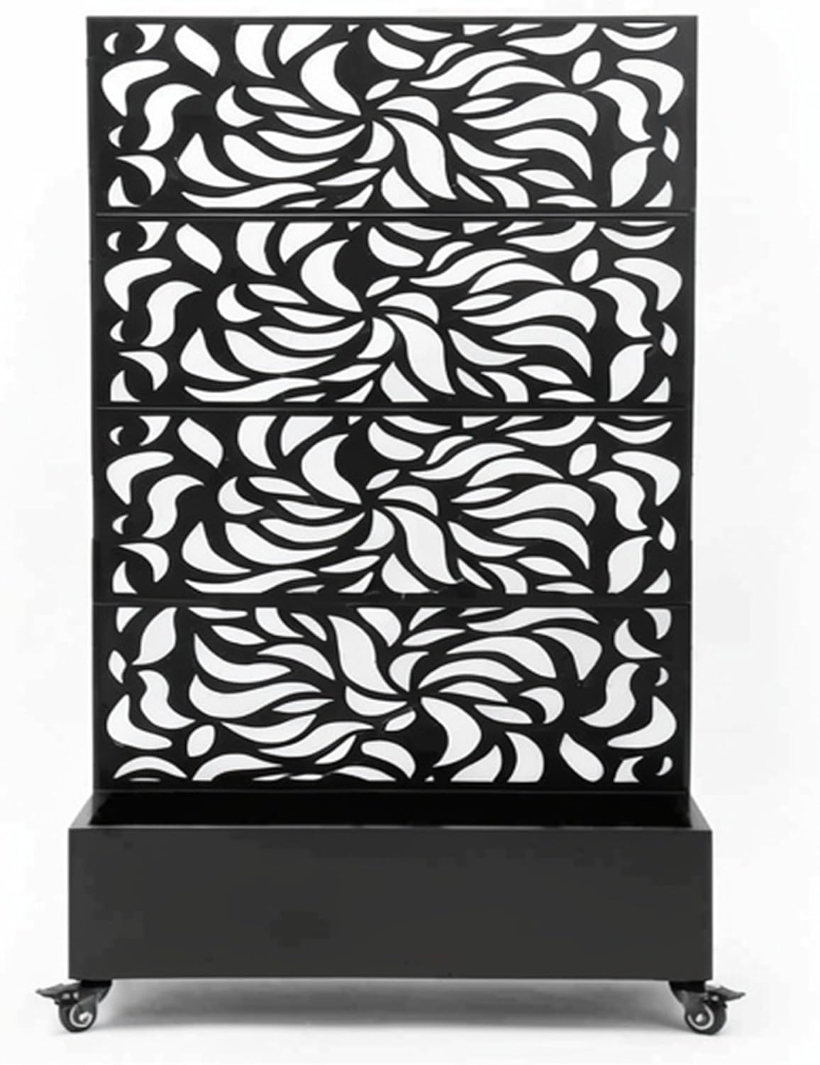 Leaf Pattern Privacy Screen with Planter Box Self Standing Metal Decorative Fence Panel Outdoor Garden Divider Rolling Partition for Patio Balcony Backyard Courtyard Terrace Porch Deck (Black)