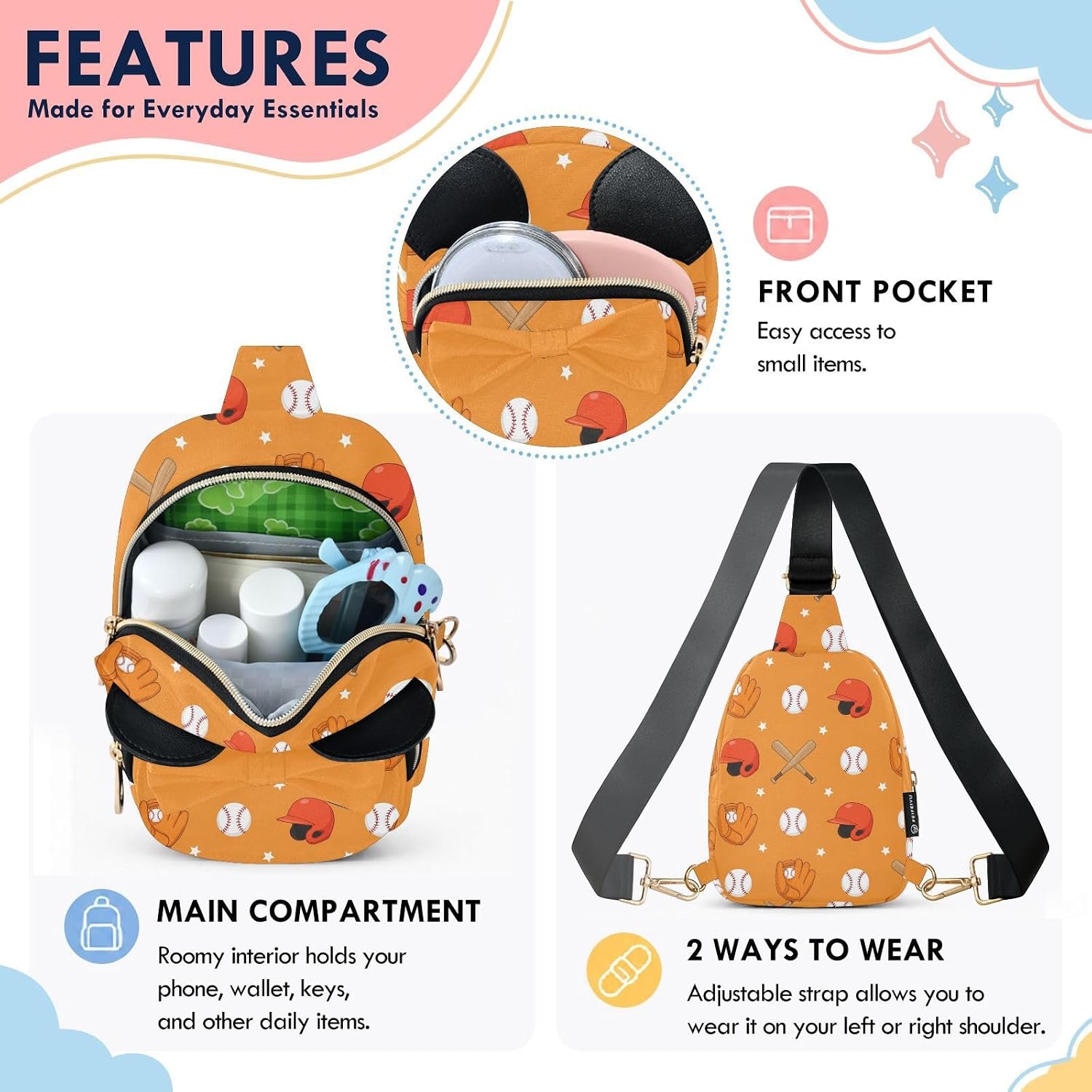Sinestour Baseball Kids Crossbody Bags for Girls, 7.5x3.1x5.7In | Crossbody Fanny Pack, Toddler Purse, Cute Sling Belt Bag with Ears, 2L Small Shoulder Chest Bag for Travel