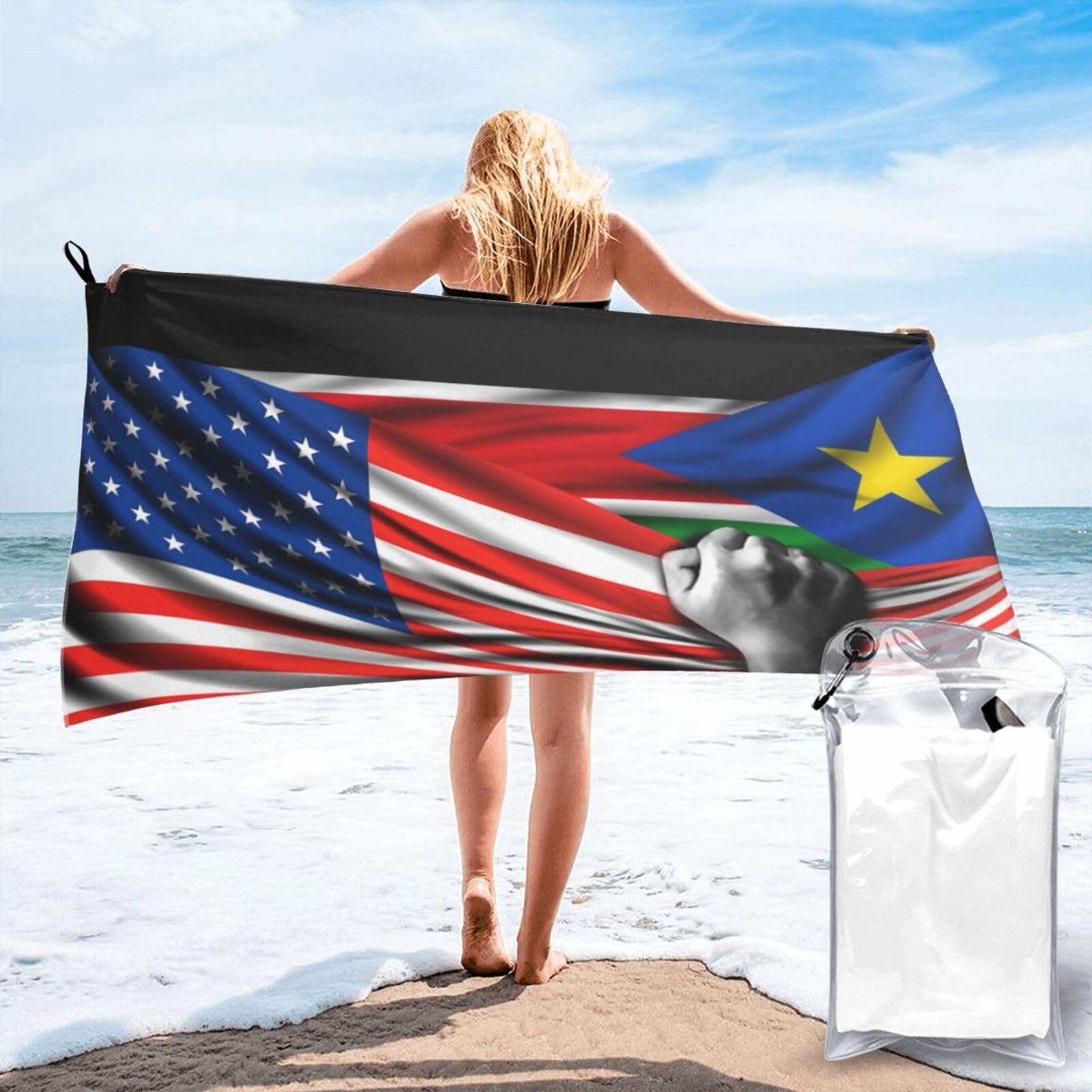 HACXZ Beach Towel America Flag and South Sudan Roots South Sudan Flag Microfiber Beach Towel Lightweight Absorbent 27.5"X55"