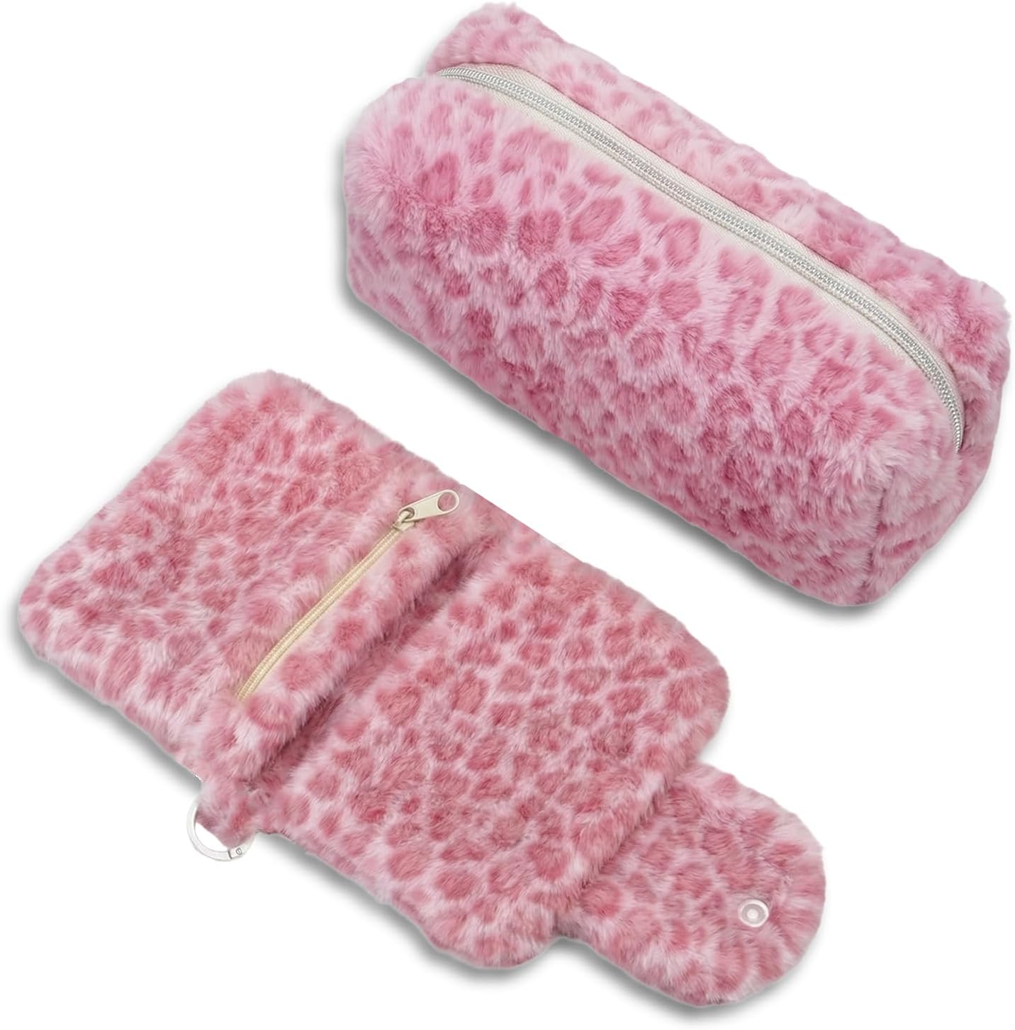 2Pcs Fluffy Leopard Pencil Case Set, Cute Fuzzy Makeup Bag & Card Holder Wallet, Y2K Aesthetic Office Supplies, Large Capacity Pen Pouch Organizer for Women (dark pink)